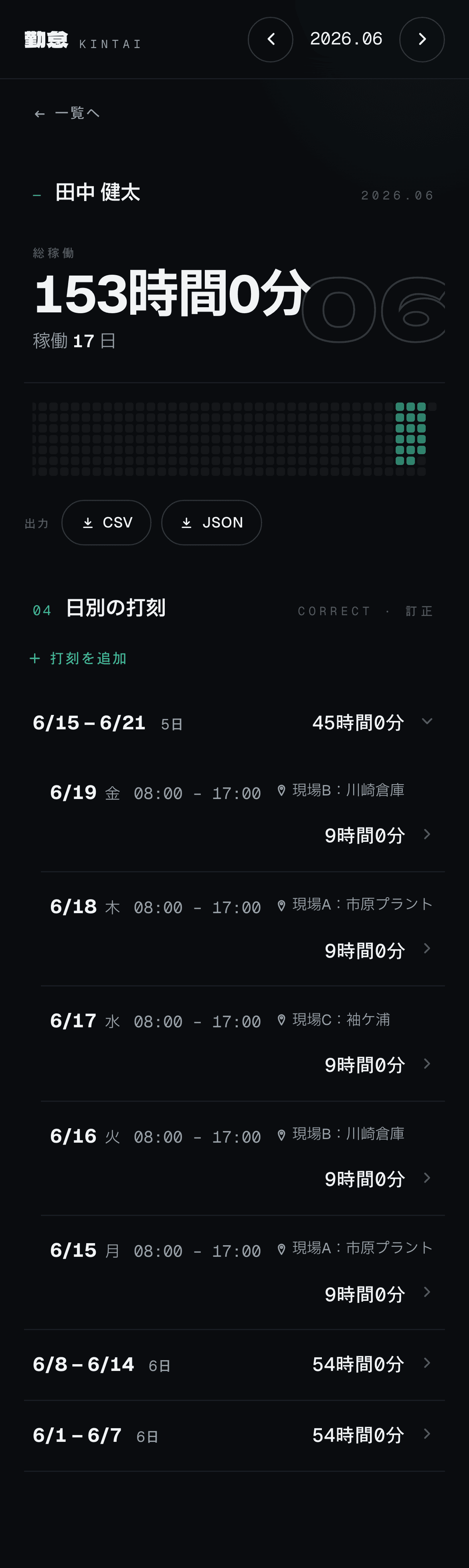 discord-kintai 個人ページのスマホ表示。日別の打刻と訂正が縦に並ぶ。